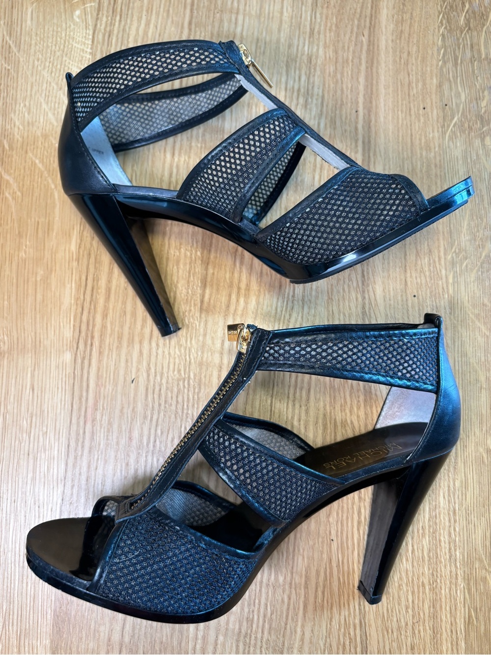 Michael Kors Berkley T-Strap Black Mesh Zip-Front High Heels | Women’s Size 7.5
